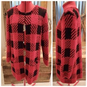 Big check nubby knit sweater Coat S August Silk red & black